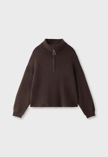 Zip-up knit sweater — Brown 8
