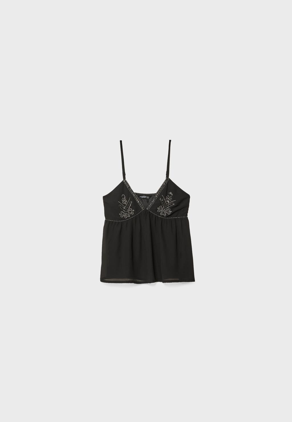 Loose-fitting strappy top with beaded embroidery