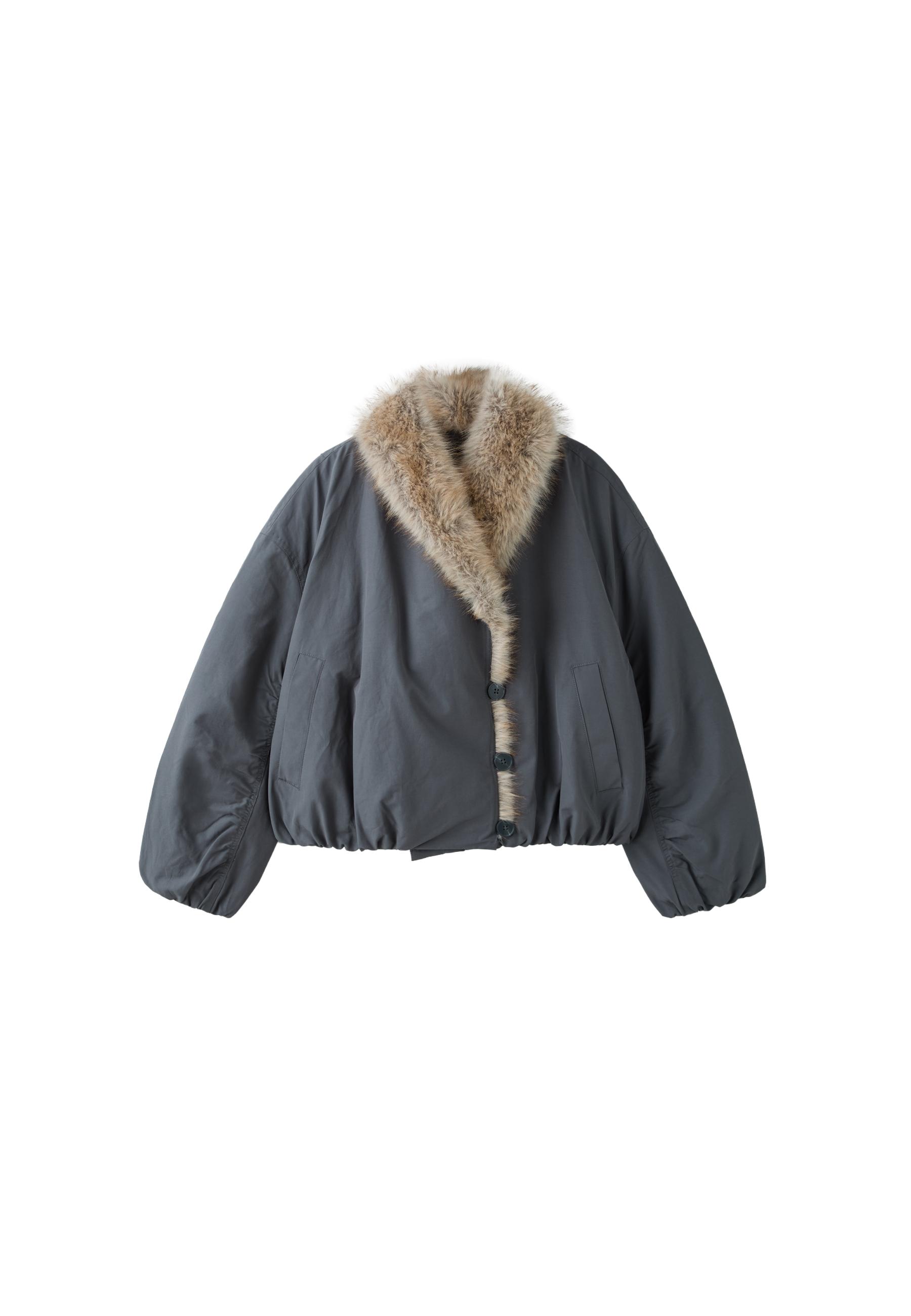 Puffer jacket with faux fur shawl collar — Dark grey