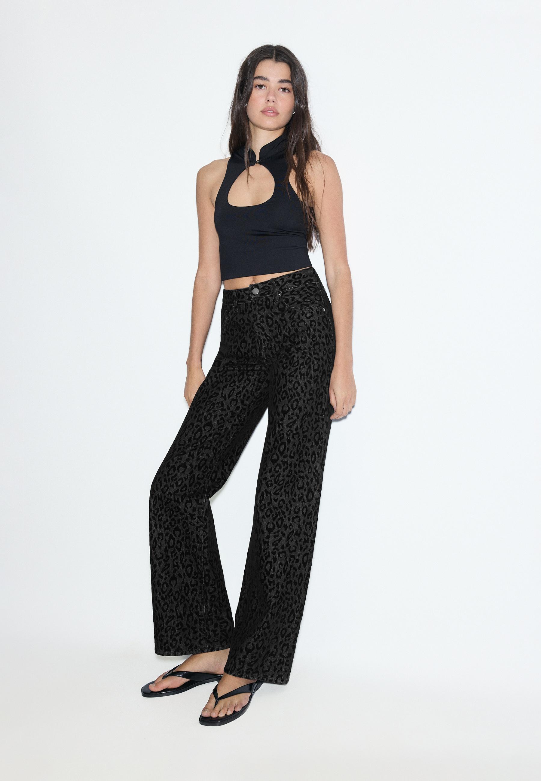 Flocked leopard print jeans — BLACK DENIM WASHED EFFECT