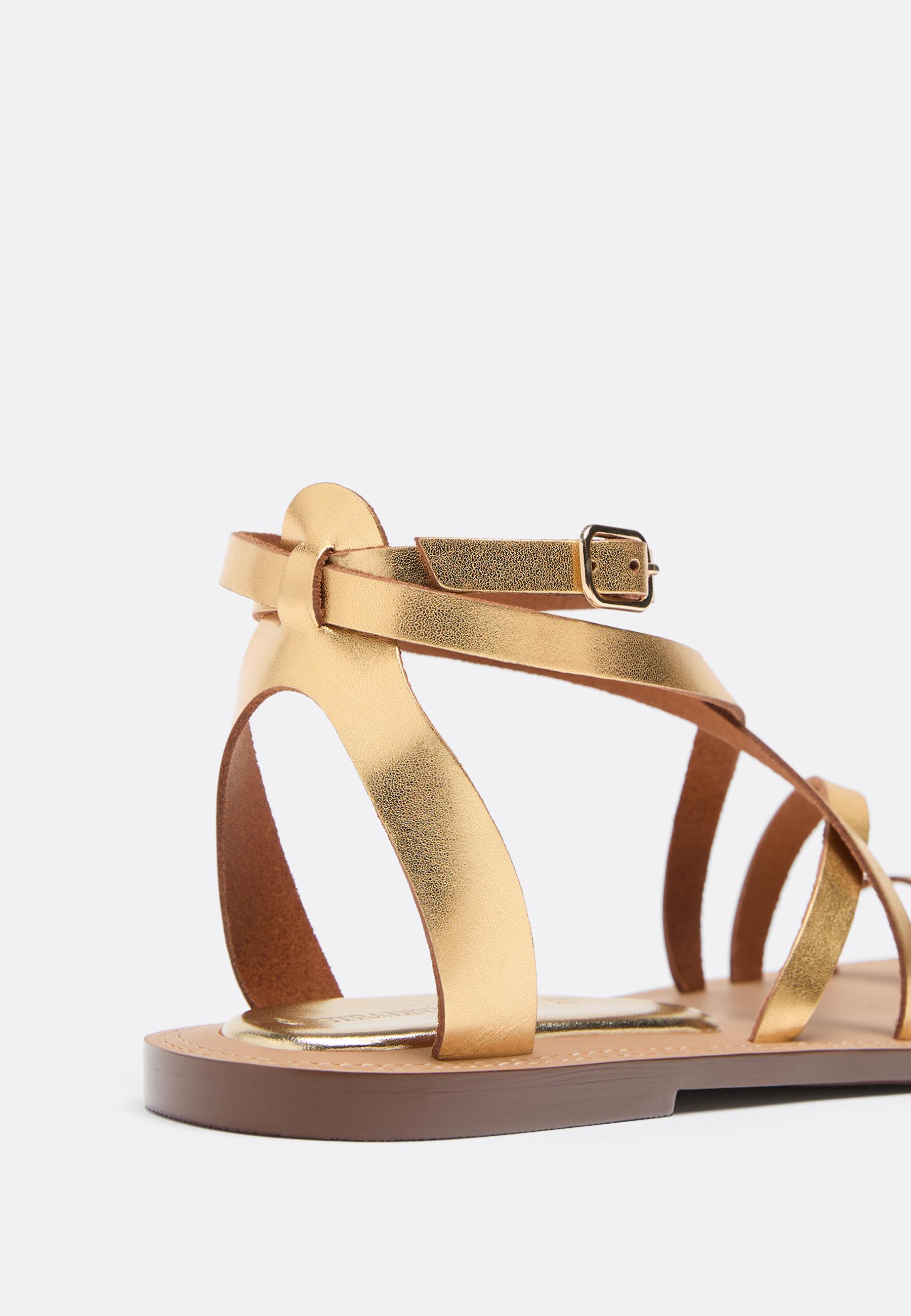 Flat leather tie-up sandals — GOLD