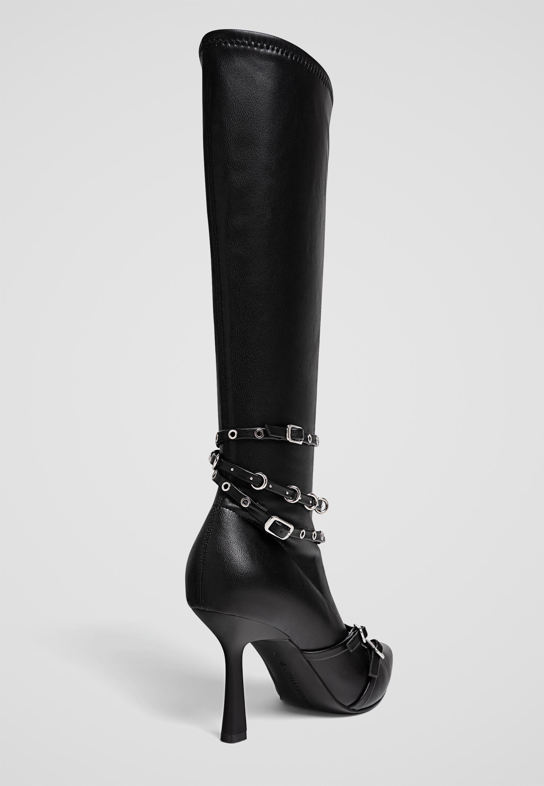 Stradivarius Knee High Boots with Buckles Black 9