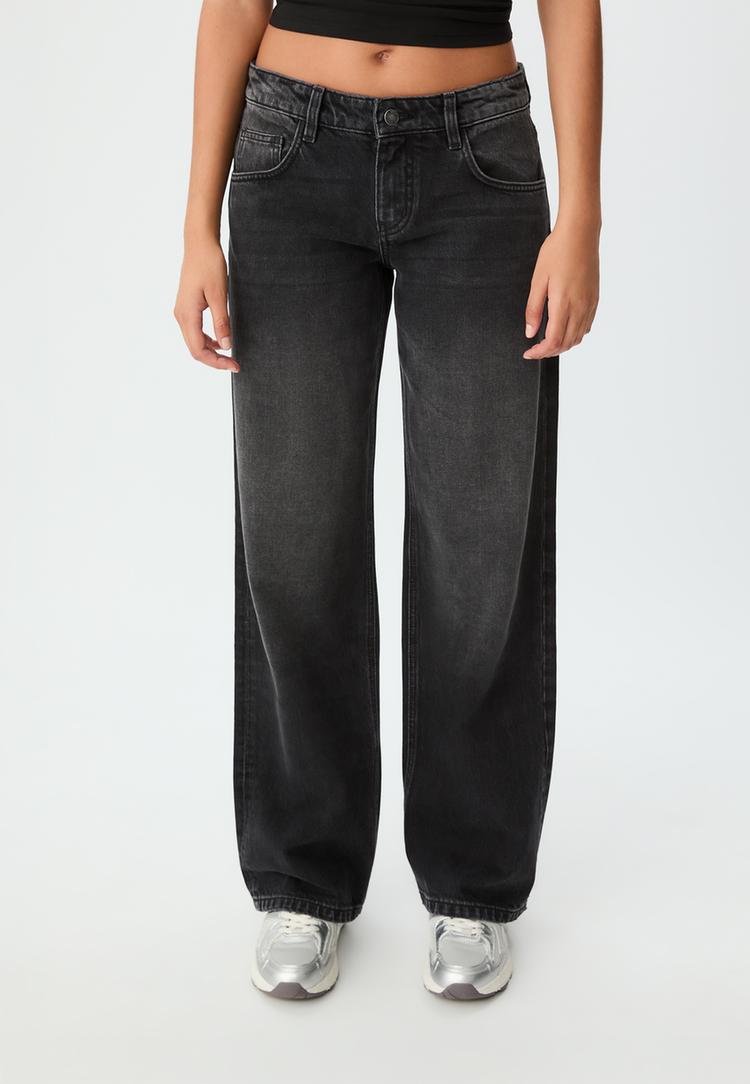 Stradivarius Jeans Low Wide Leg Denim Negru Efect Prespălat 34