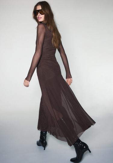 Long sleeve tulle midi dress — Brown 5