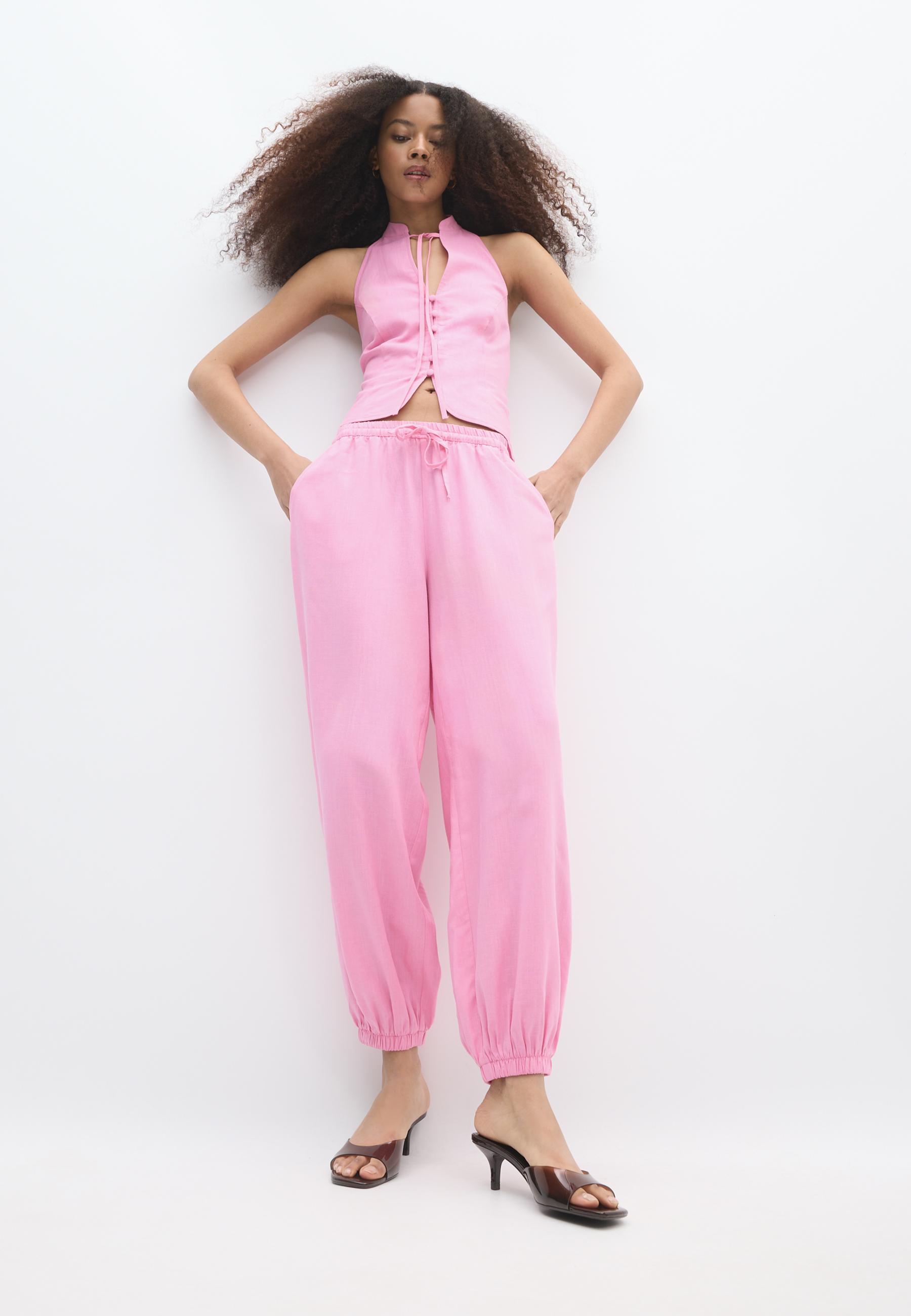 Linen-look sarouel trousers — Pastel pink