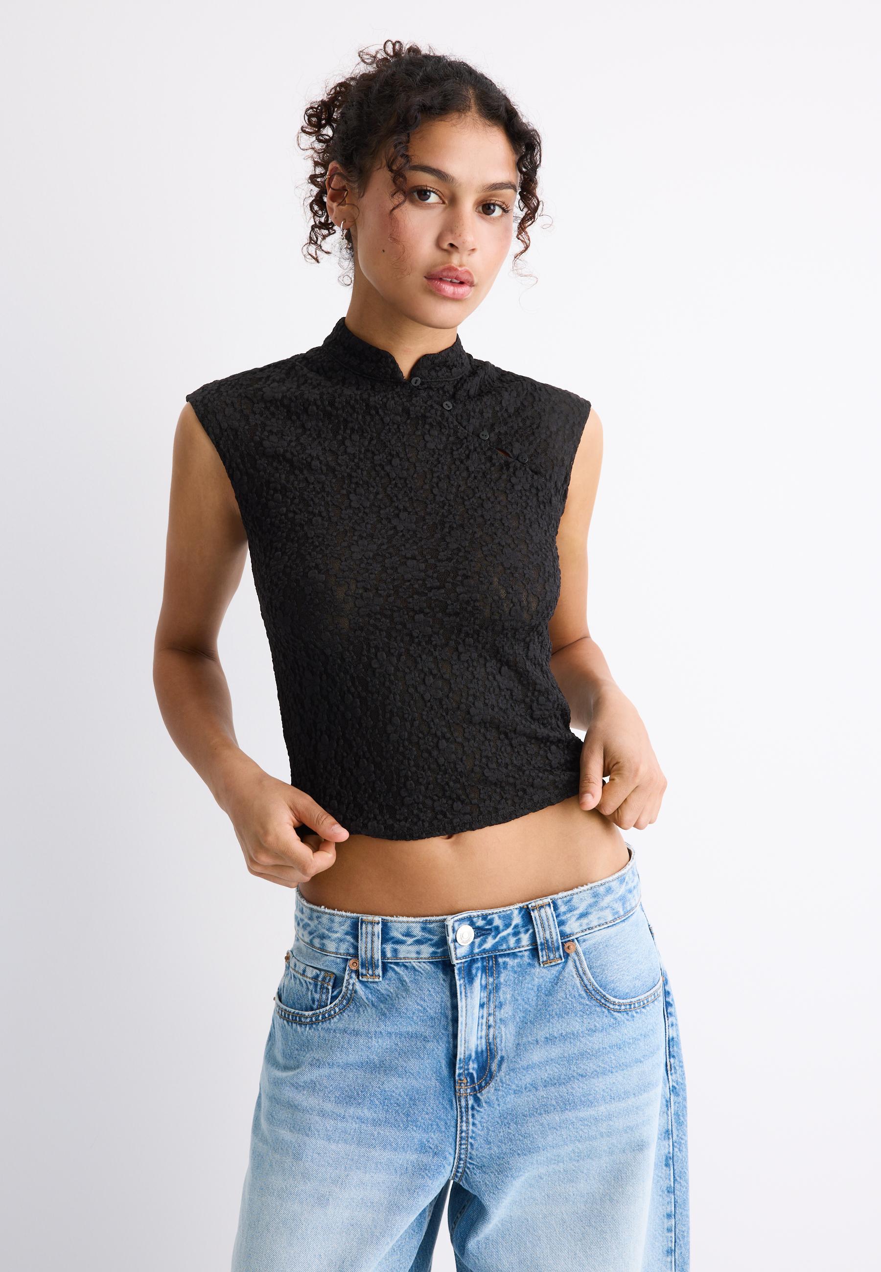 Lace stand collar top — Black