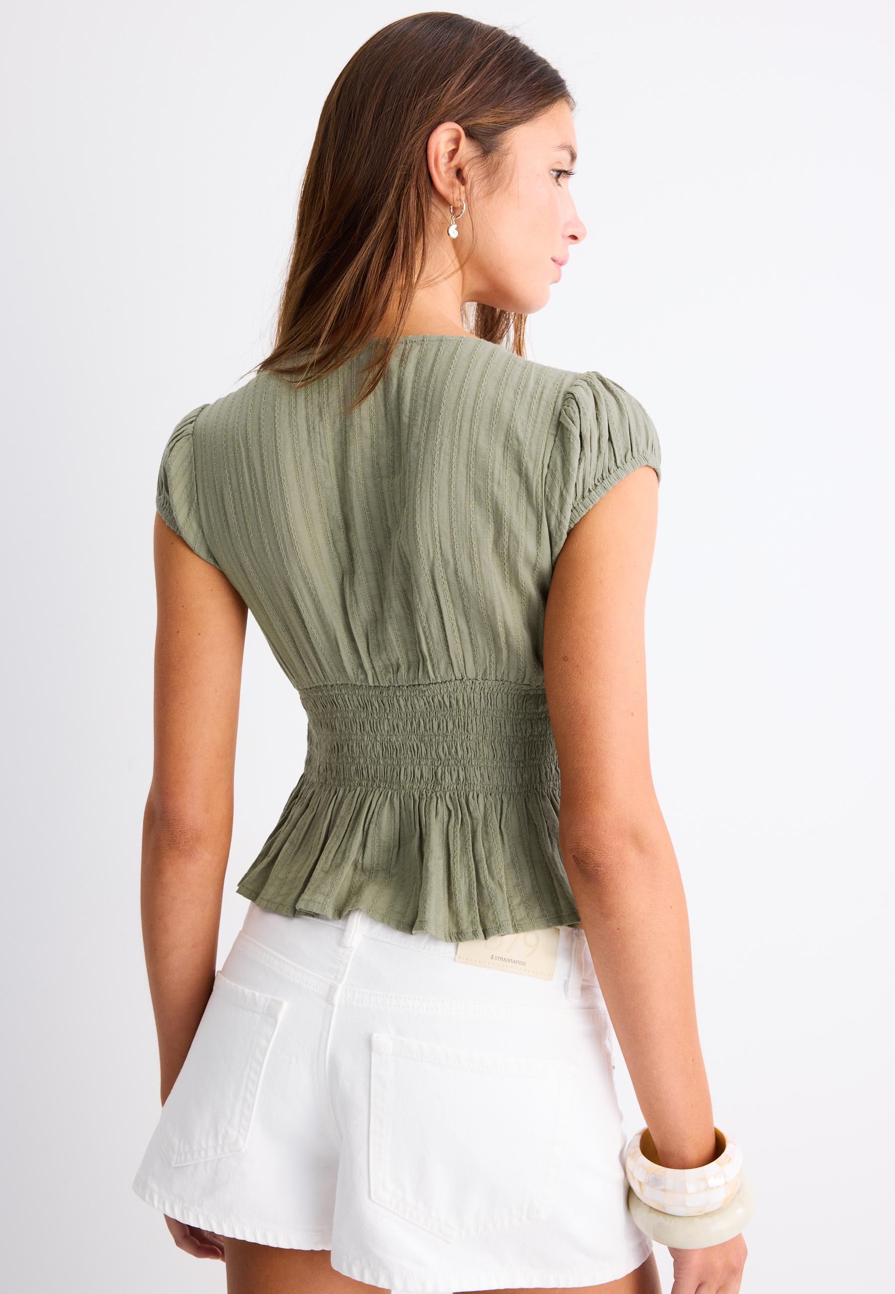 Short sleeve shirred shirt — Khaki