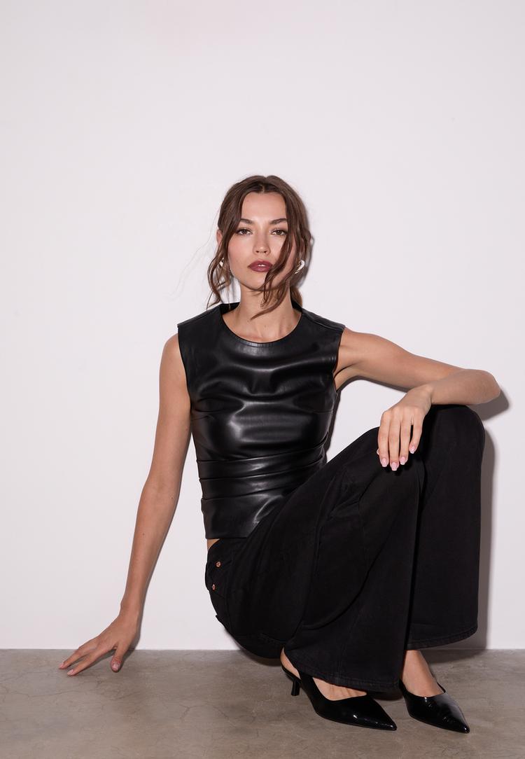 sleeveless leather effect top