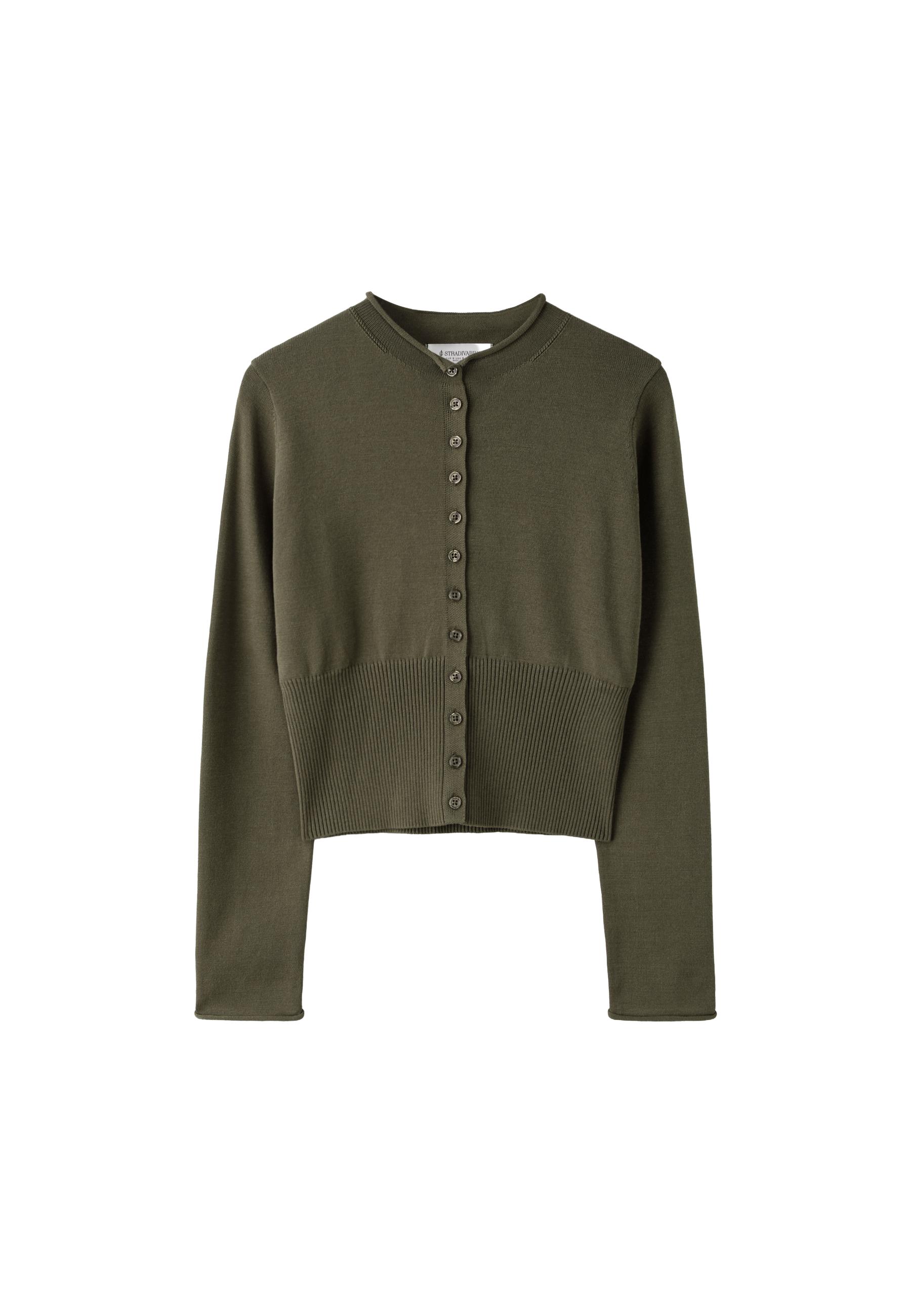 Fitted stand collar cardigan — Khaki