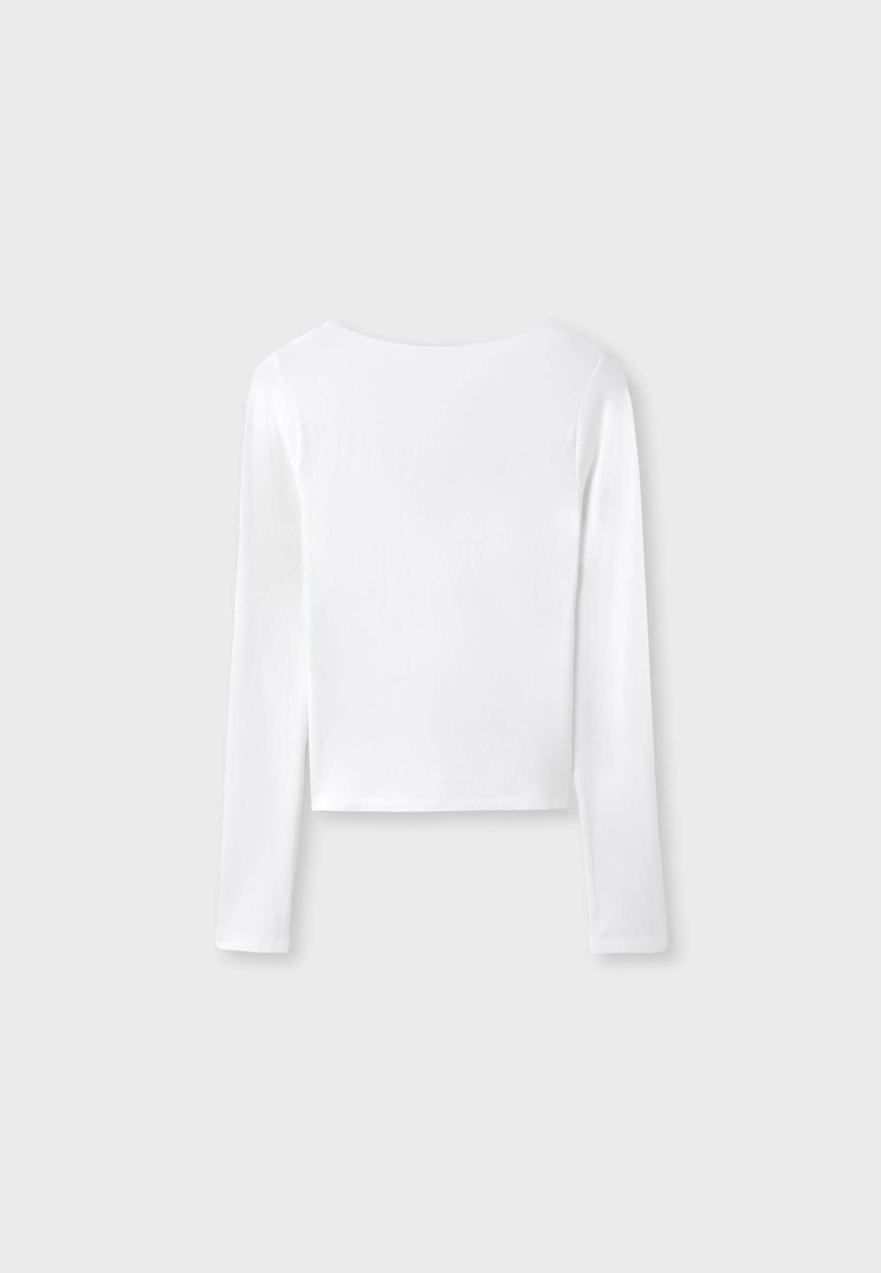 Stradivarius Dantel detaylı uzun kollu V yaka t-shirt görsel 4