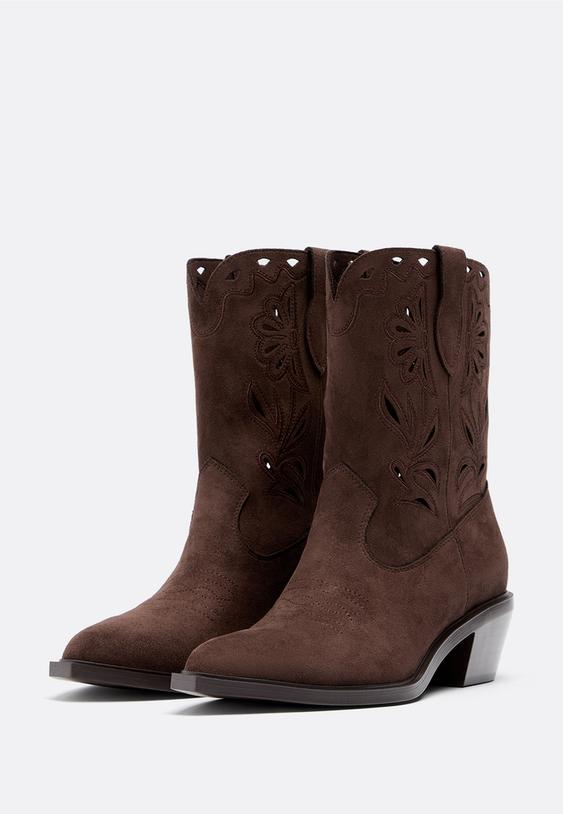Stradivarius Perforated Cowboy Leather Effect Ankle Boots Brown 5