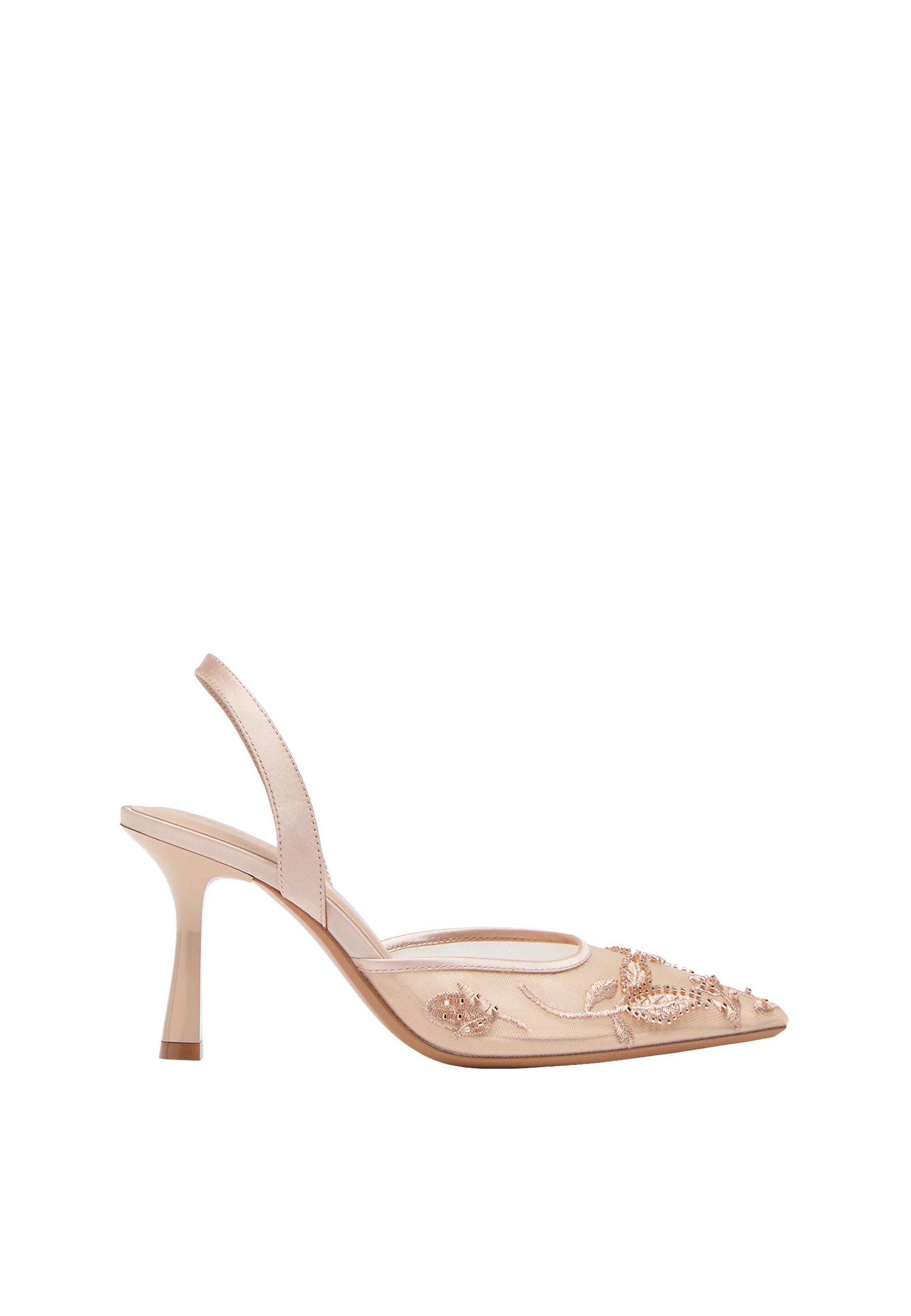 Mesh rhinestone heeled shoes — BEIGE