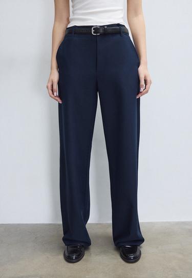 Düz kesim dökümlü kemerli pantolon - Görsel 13