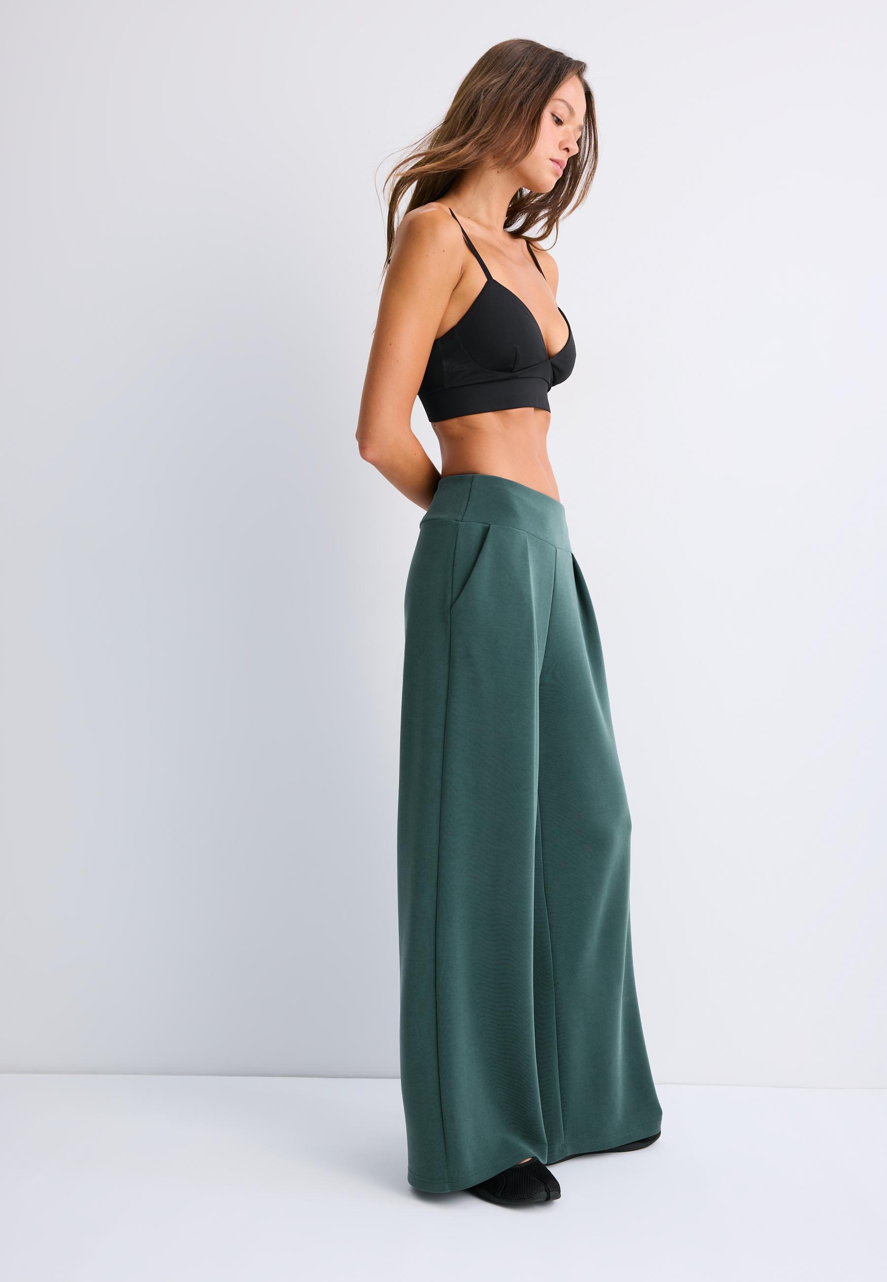 Soft-touch wide-leg trousers with darts — Khaki