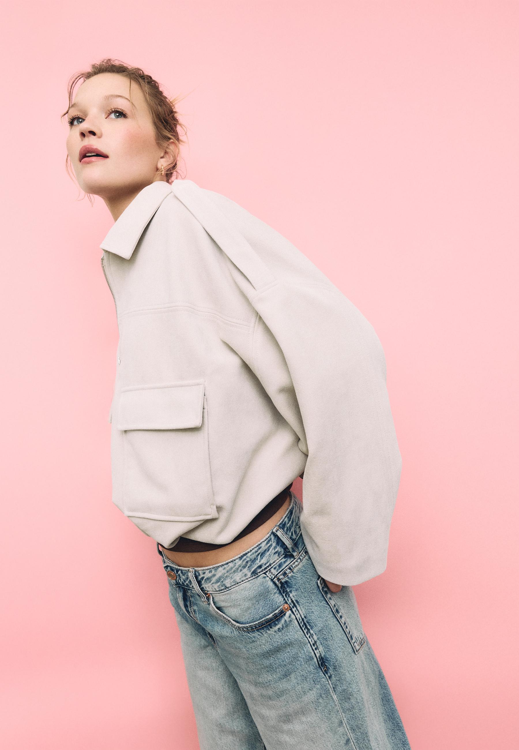 Faux suede bomber jacket — Ecru