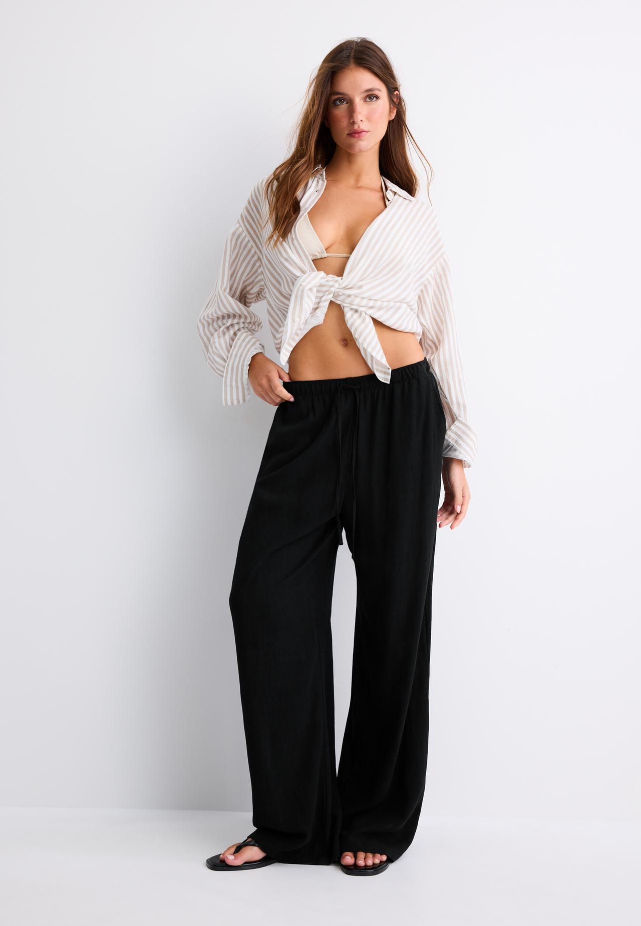 Straight-leg linen-effect trousers — Black