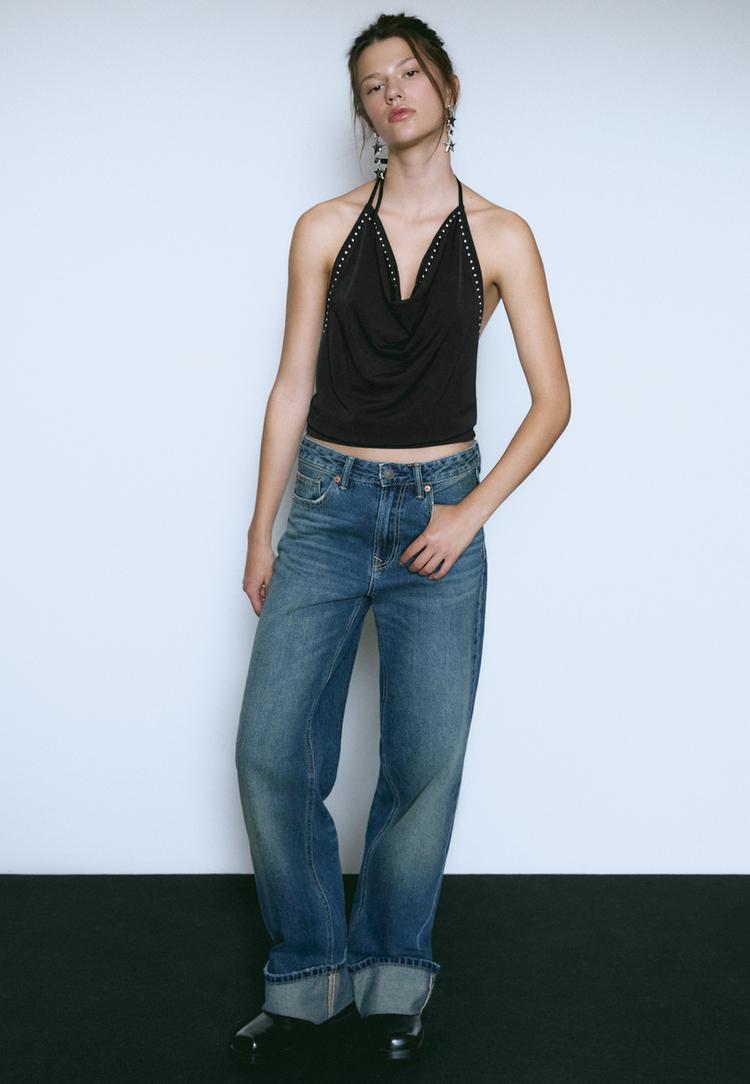 Stradivarius Τοπ Λαιμόκοψη Halter Με Τρουκς Μαύρο Xs