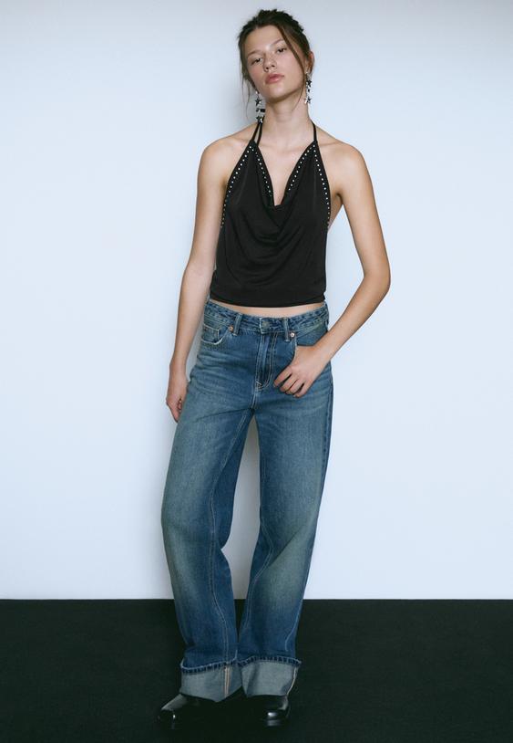 Stradivarius Studded Halter Top Black L