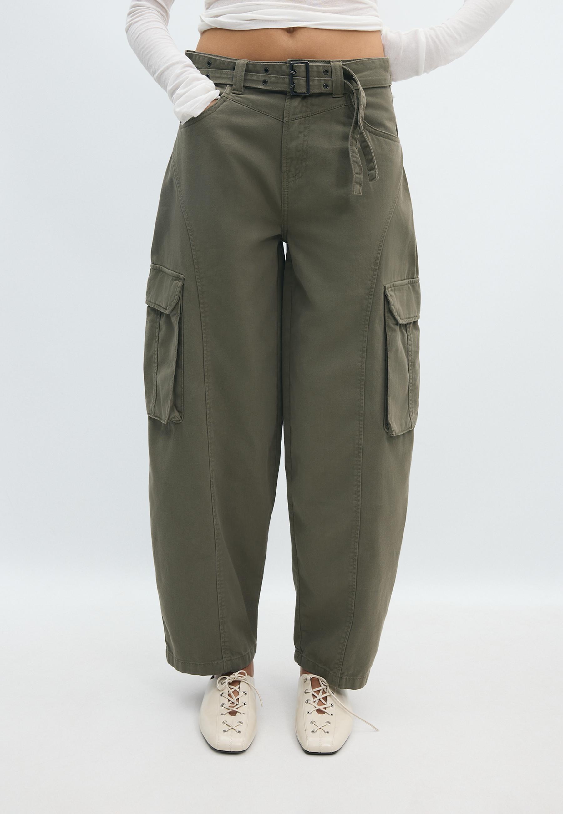 Stradivarius Παντελόνι Barrel Cargo Χακί 34