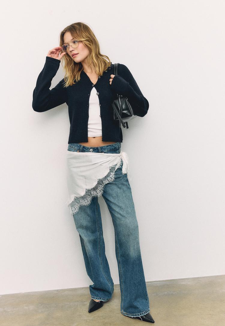 Stradivarius Πλεκτή Ζακέτα Με Γιακά Μάο Σκούρο Μπλε Xl