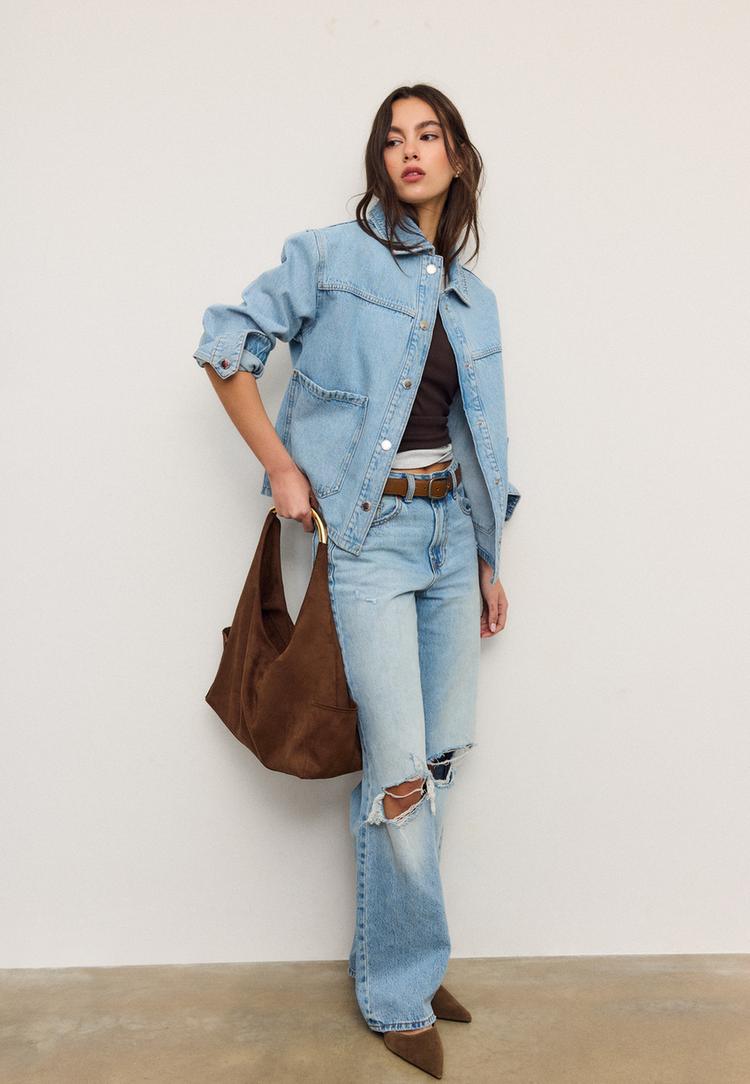 Stradivarius Geacă Denim Cu Buzunare Efect Prespălat Denim Albastru Deschis S