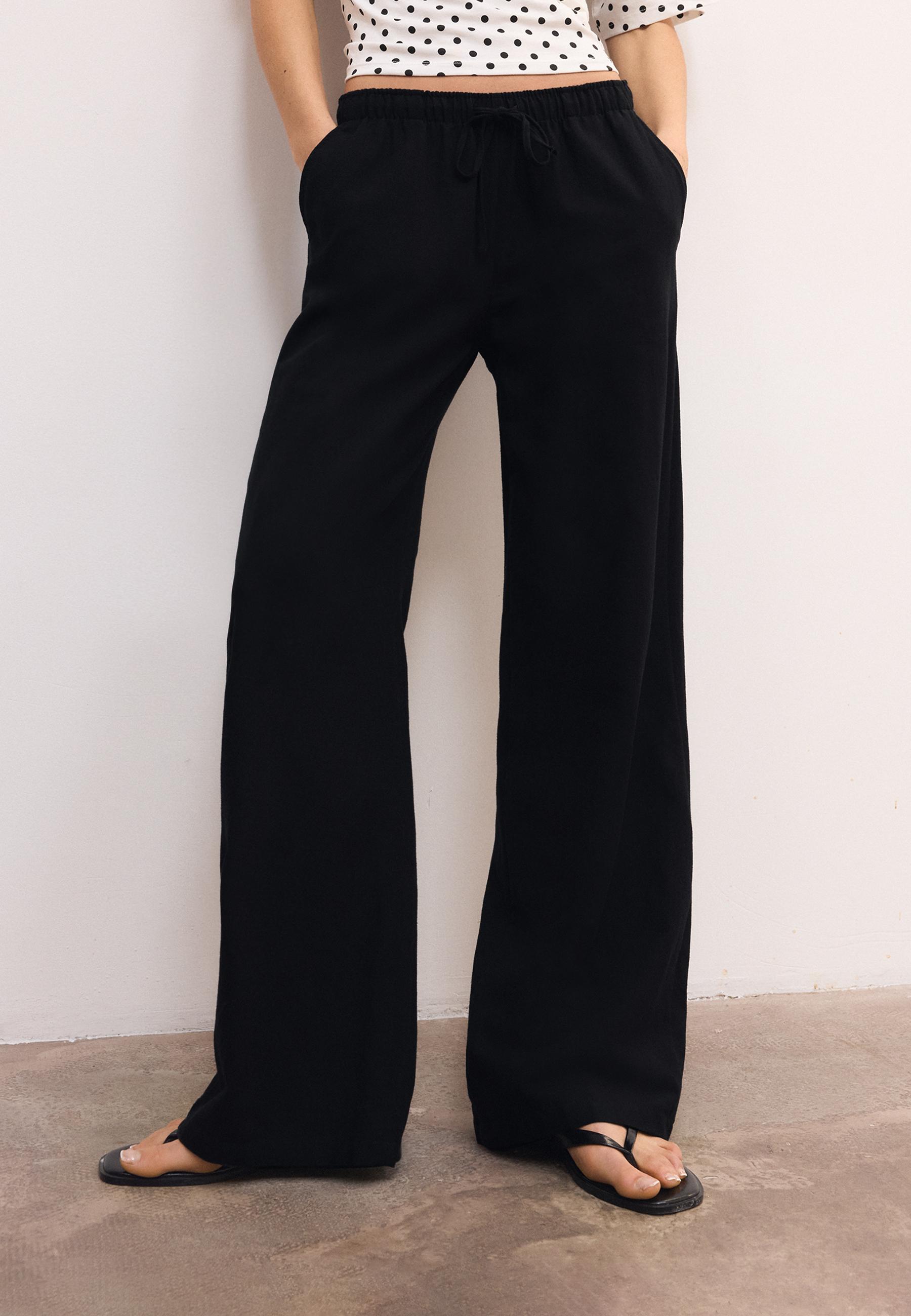 Linen-effect drawstring trousers — Black