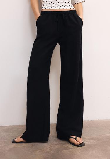 Linen-effect drawstring trousers — Black 4