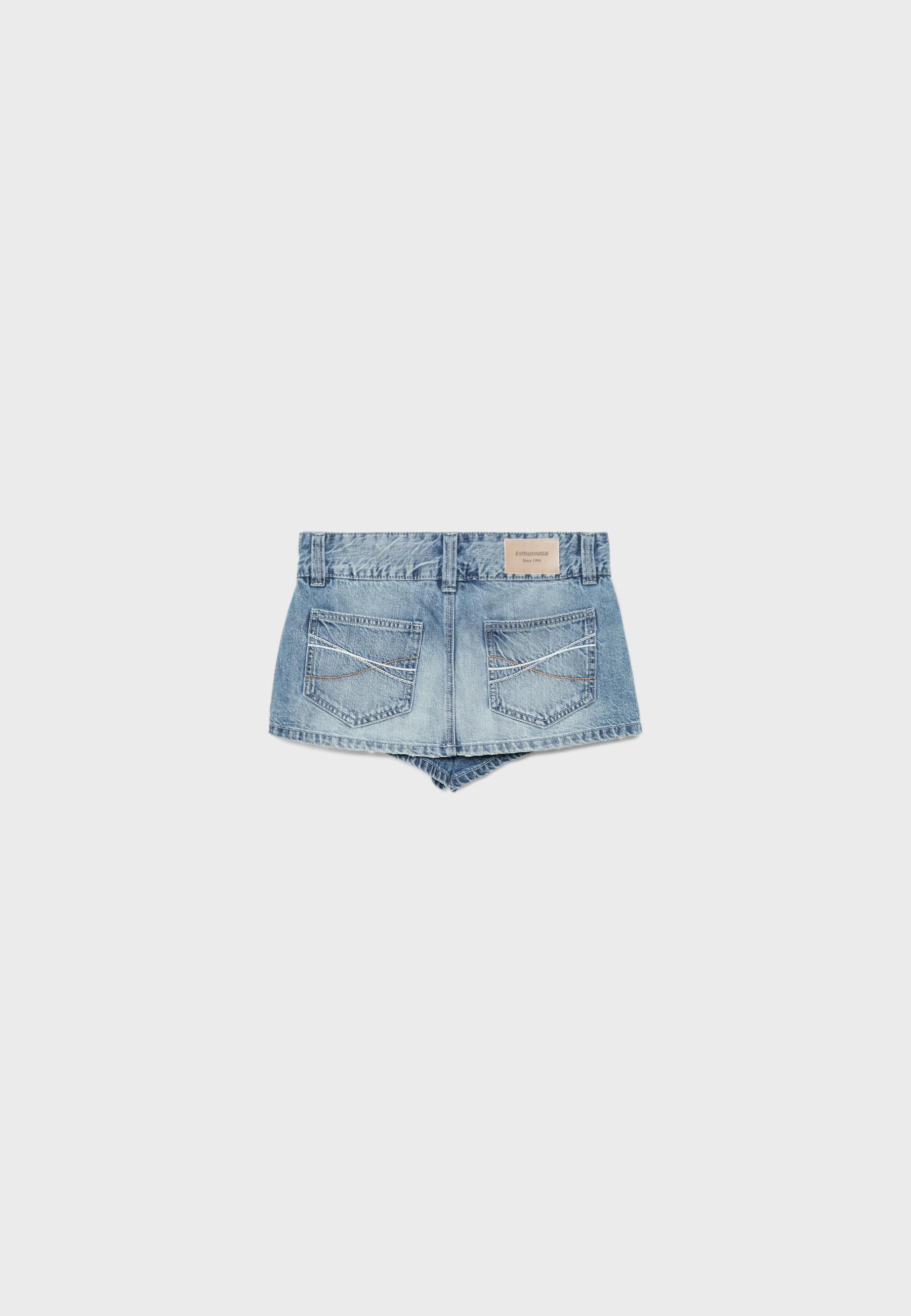 Low-waist denim skort with detailing — OVERDYED BLUE DENIM