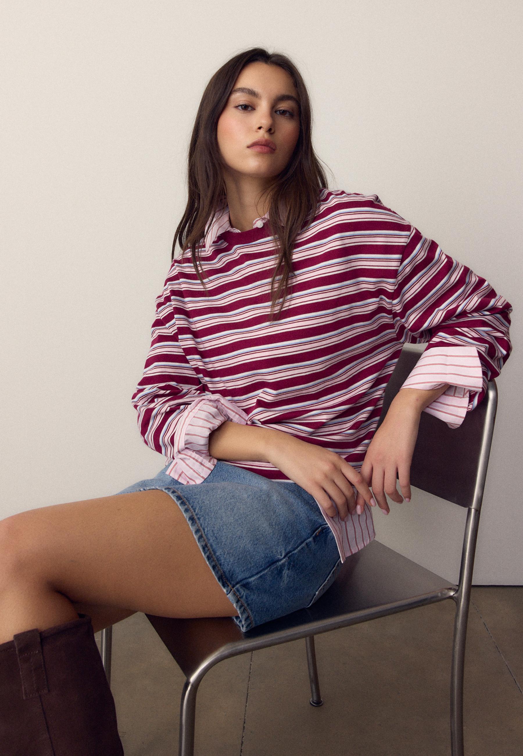 Oversize long sleeve striped T-shirt — Burgundy