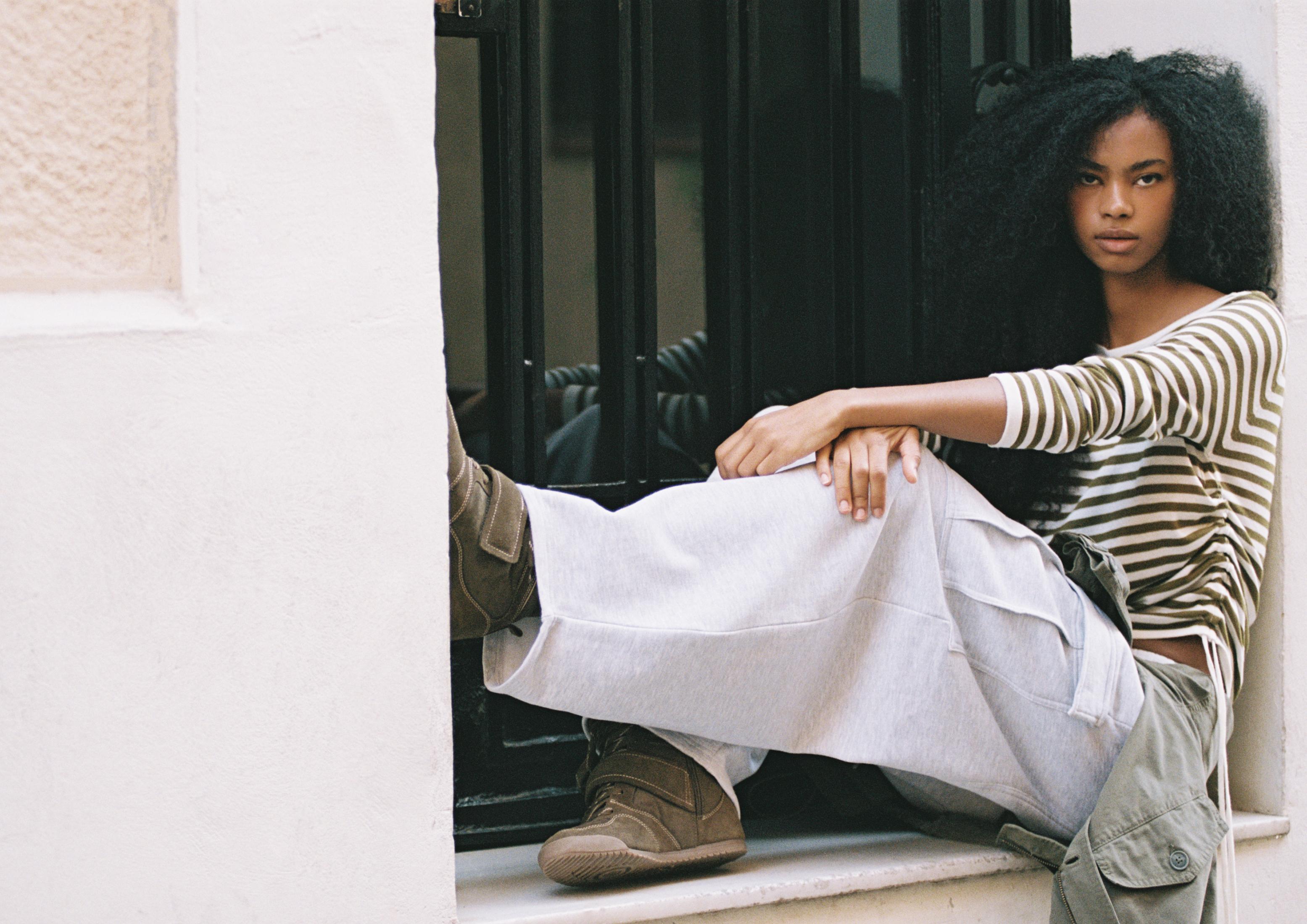 Striped jumper with side ruching — Khaki