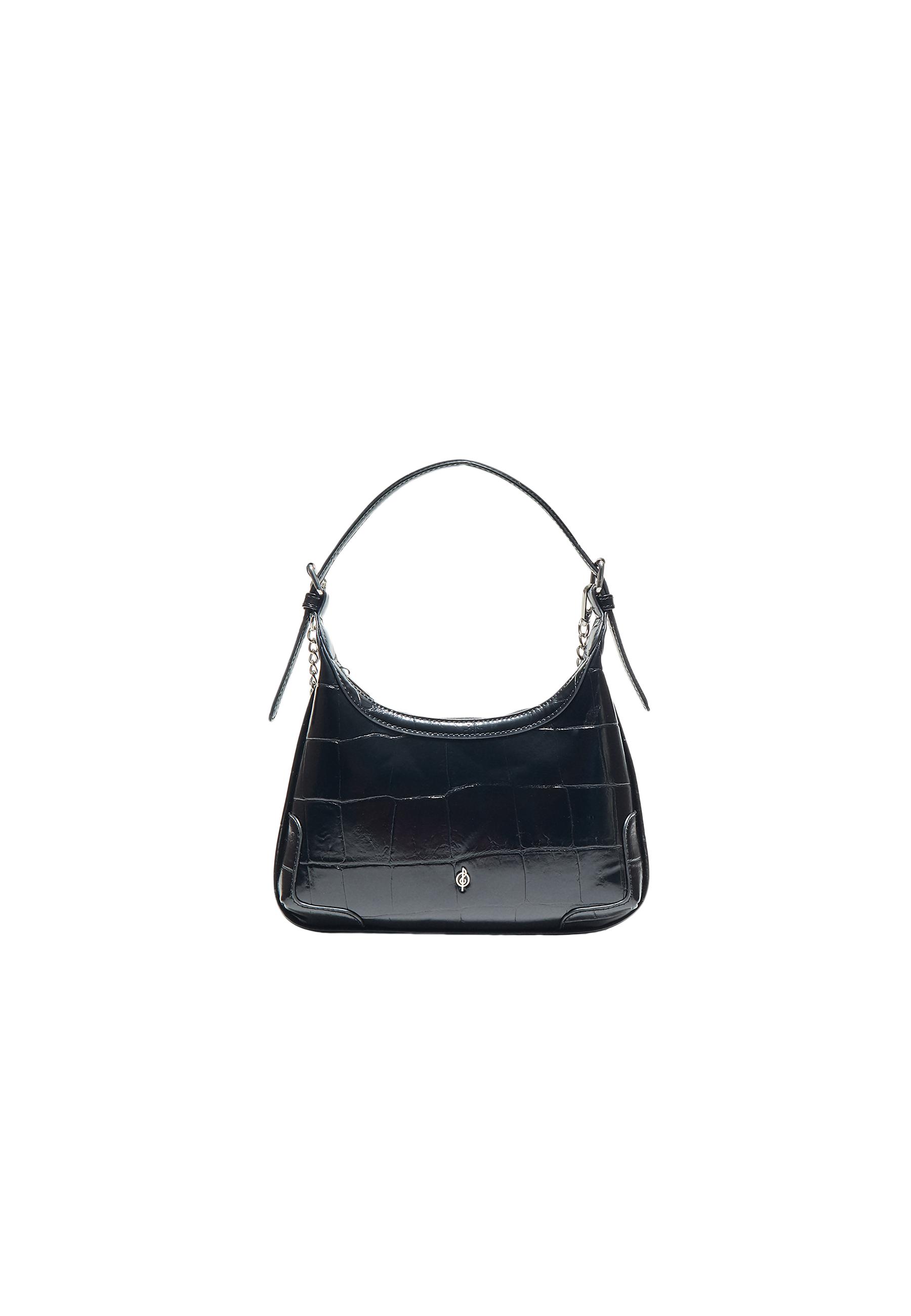 Mock croc mini chain shoulder bag — Black