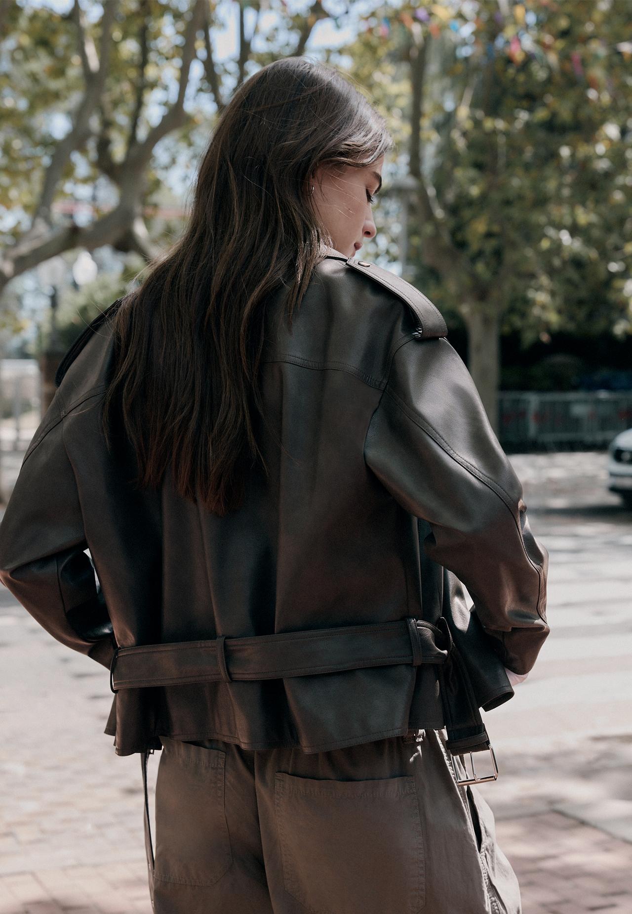 Leather effect biker jacket with belt — Dark grey