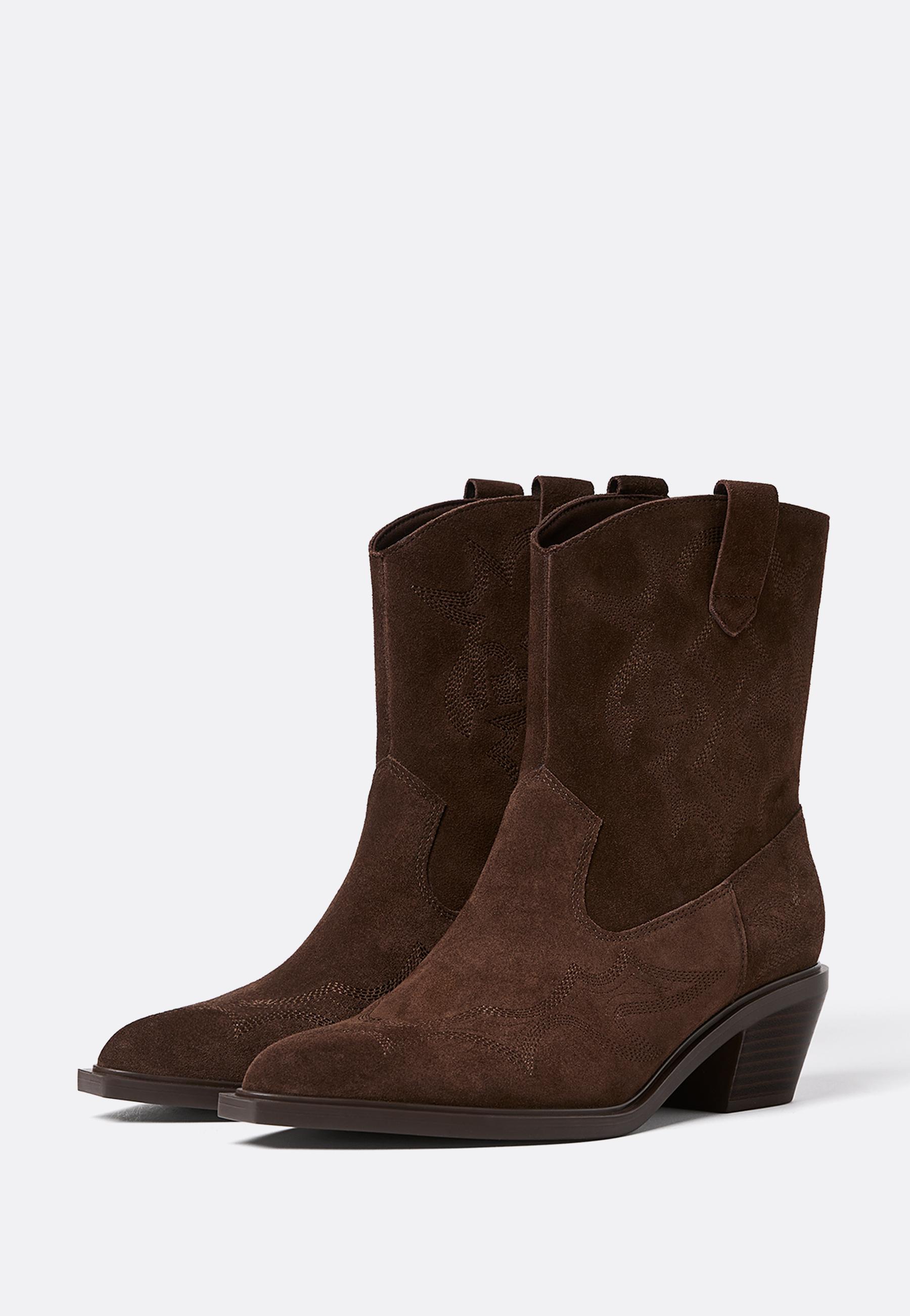 Split leather heeled cowboy ankle boots — BROWN