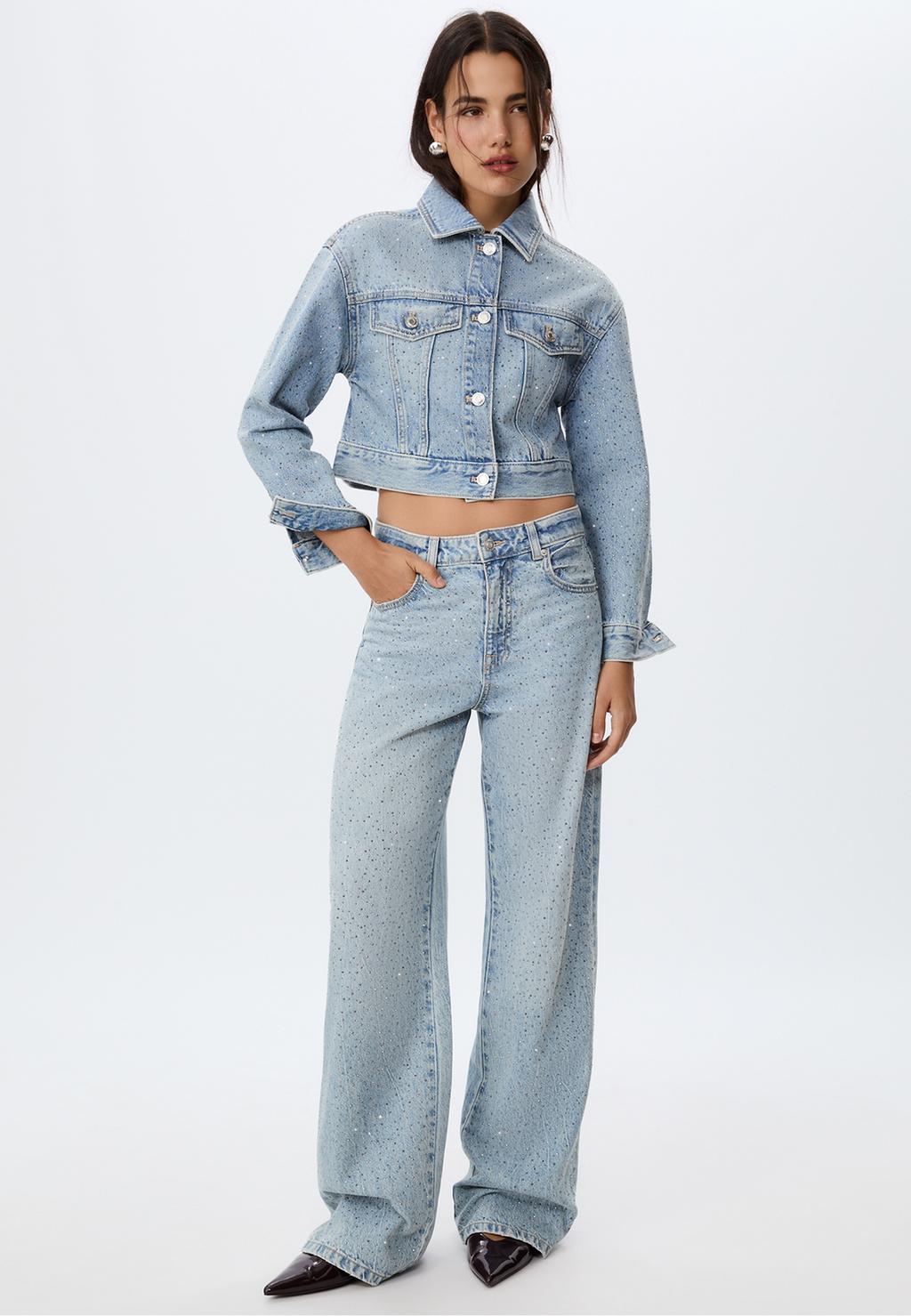 Parlak taşlı straight fit jean