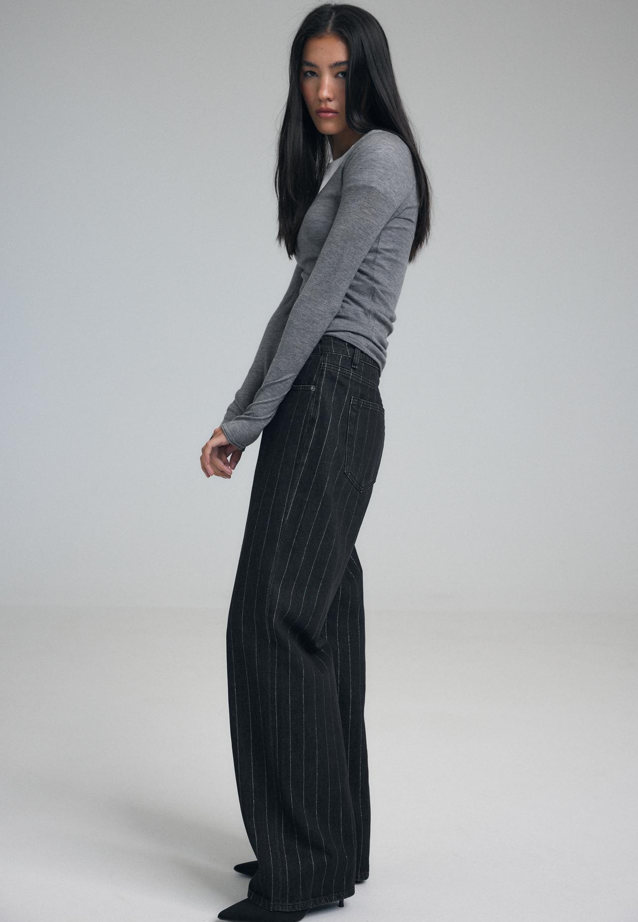 Straight wide-leg jeans with metallic thread stripes — BLACK DENIM WASH
