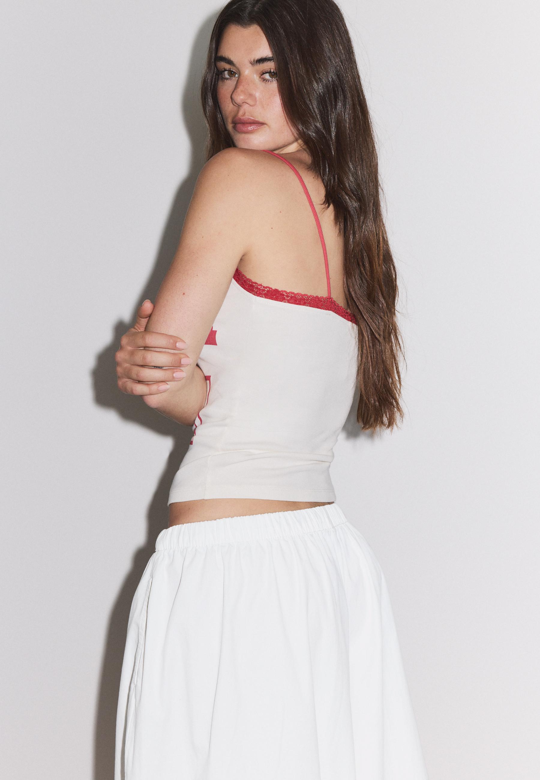 Printed lace trim strappy top — White