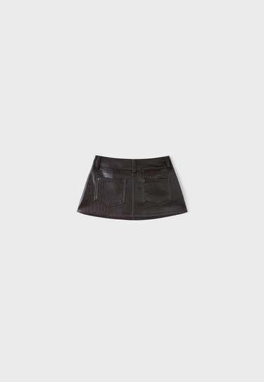 Leather effect hammer-waist mini skirt — Brown 8