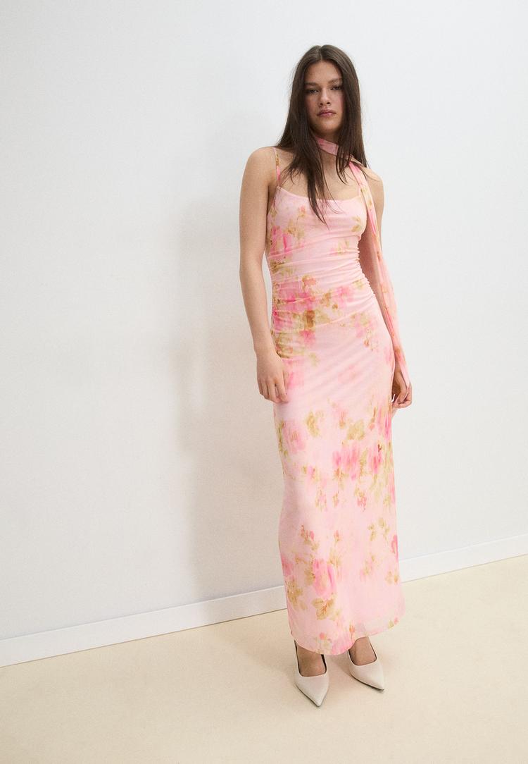 Stradivarius Εμπριμέ Μίντι Φόρεμα Από Τούλι Με Φουλάρι Παστέλ Ροζ M