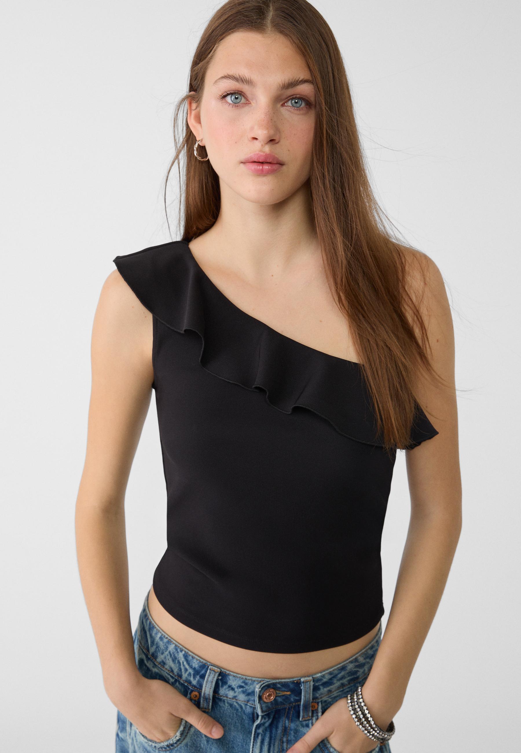 Asymmetric T-shirt with ruffle — Black