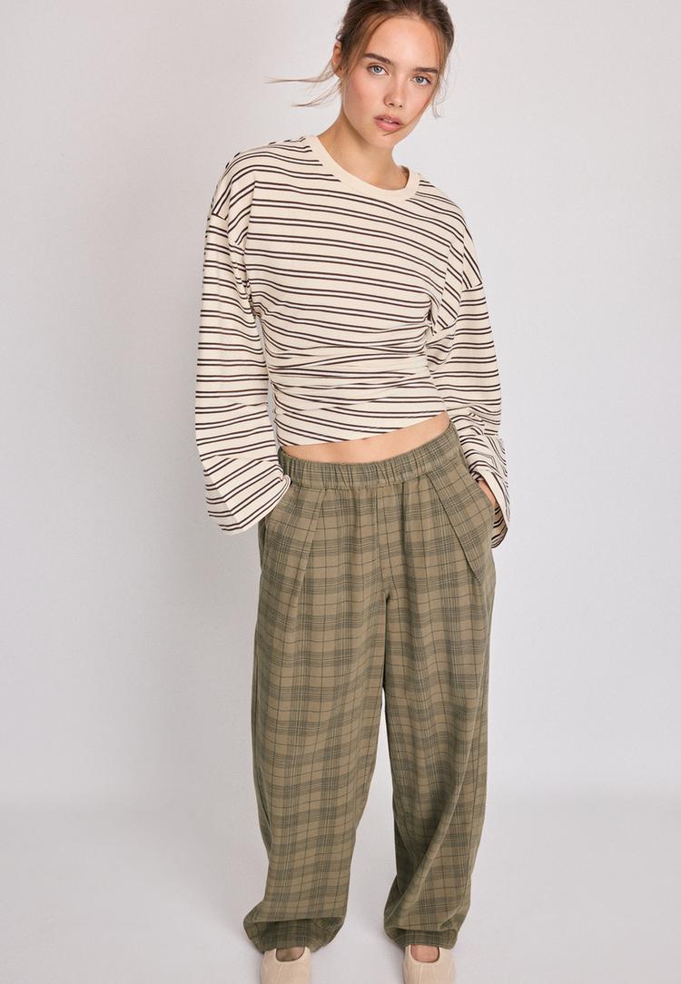 kareli straight fit genis paca pantolon