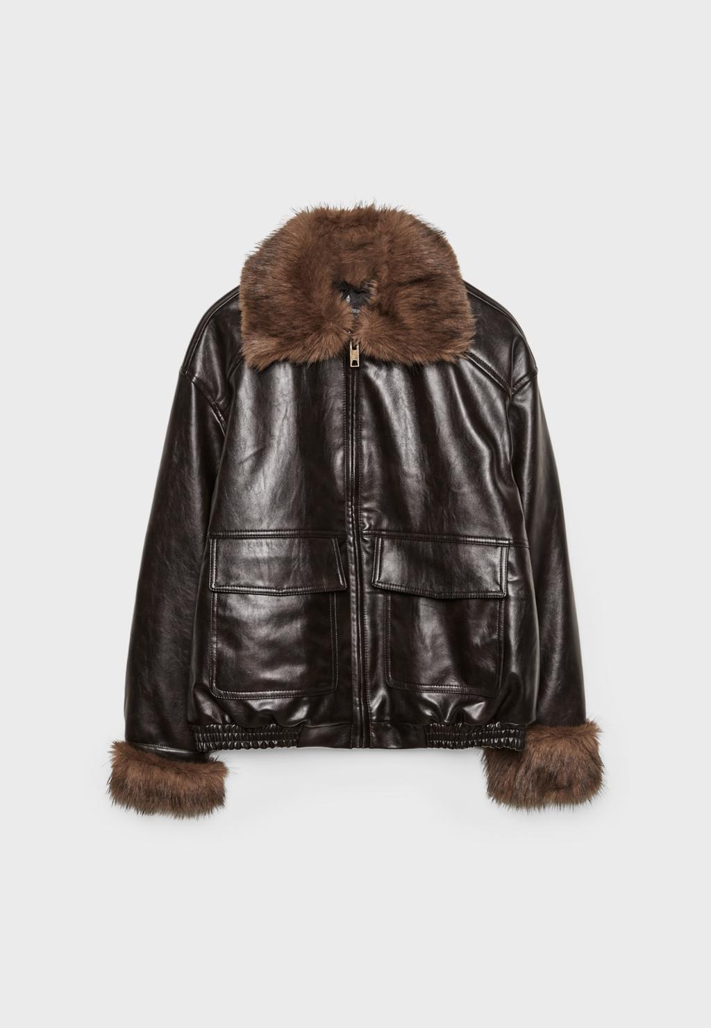Leather effect padded jacket with faux fur details