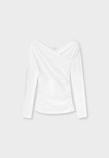 Crossover boat neck T-shirt — Ecru 7
