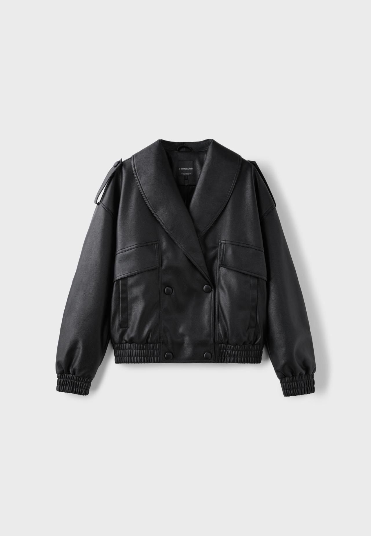 Quilted leather effect boxy jacket — Black