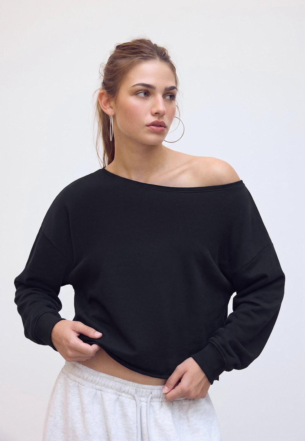 Soft-touch off-the-shoulder sweatshirt — Black