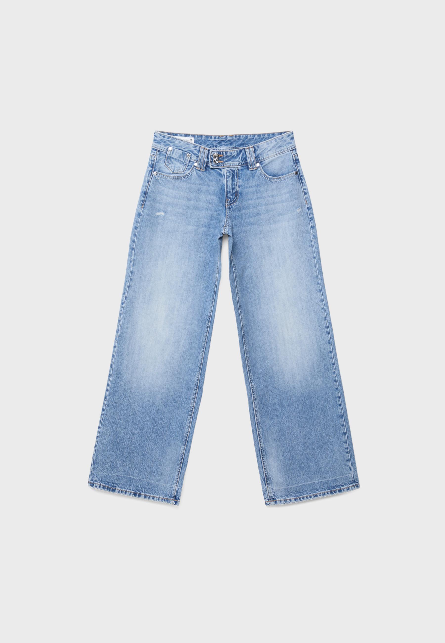 Low-rise wide-leg jeans with jewel button — MEDIUM LIGHT BLUE DENIM