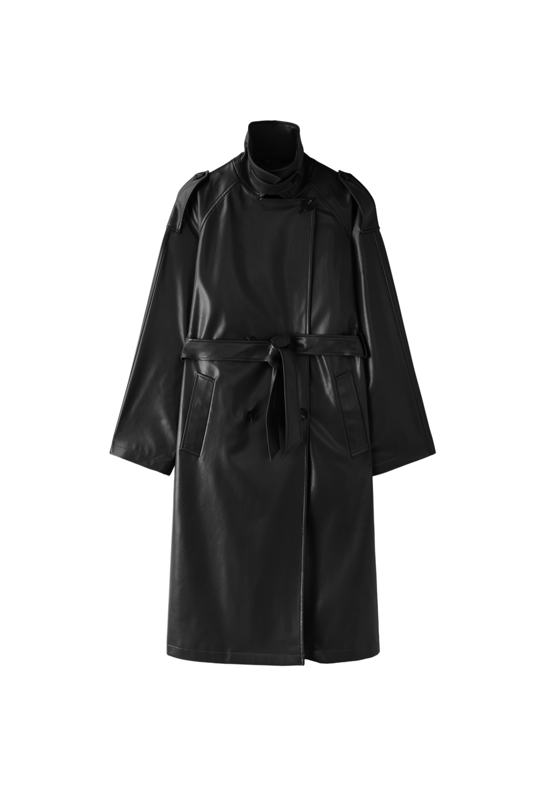 Long leather effect trench coat — Black