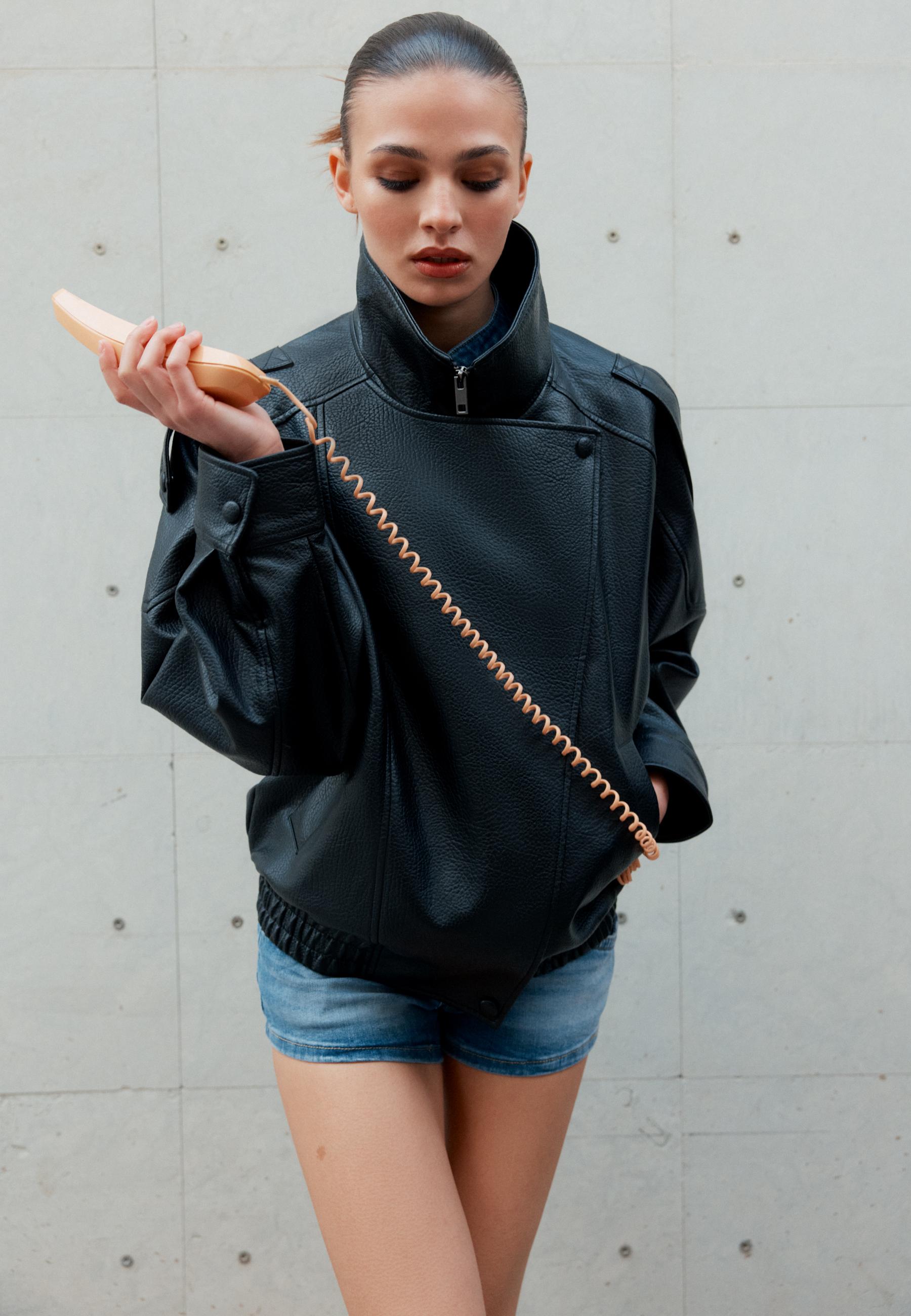 Oversize suni deri biker ceket