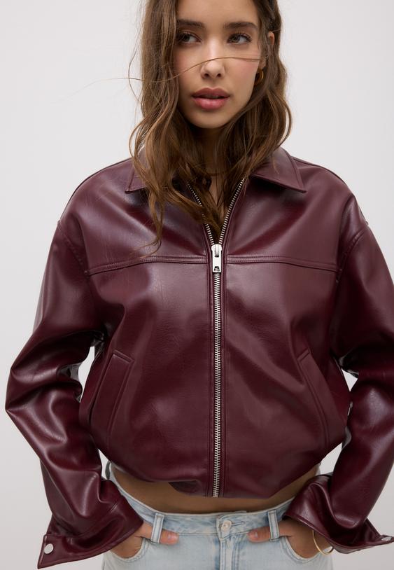 Stradivarius Geacă Oversize Din Imitație De Piele Grena Xs