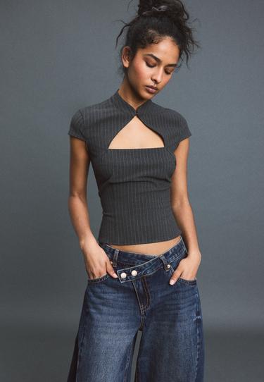 Striped short sleeve cut-out shirt — Dark grey 1