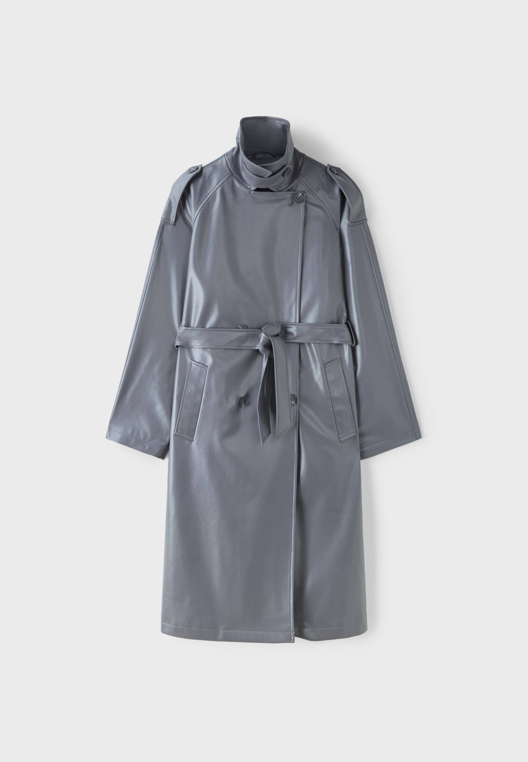 Long leather effect trench coat — Dark grey